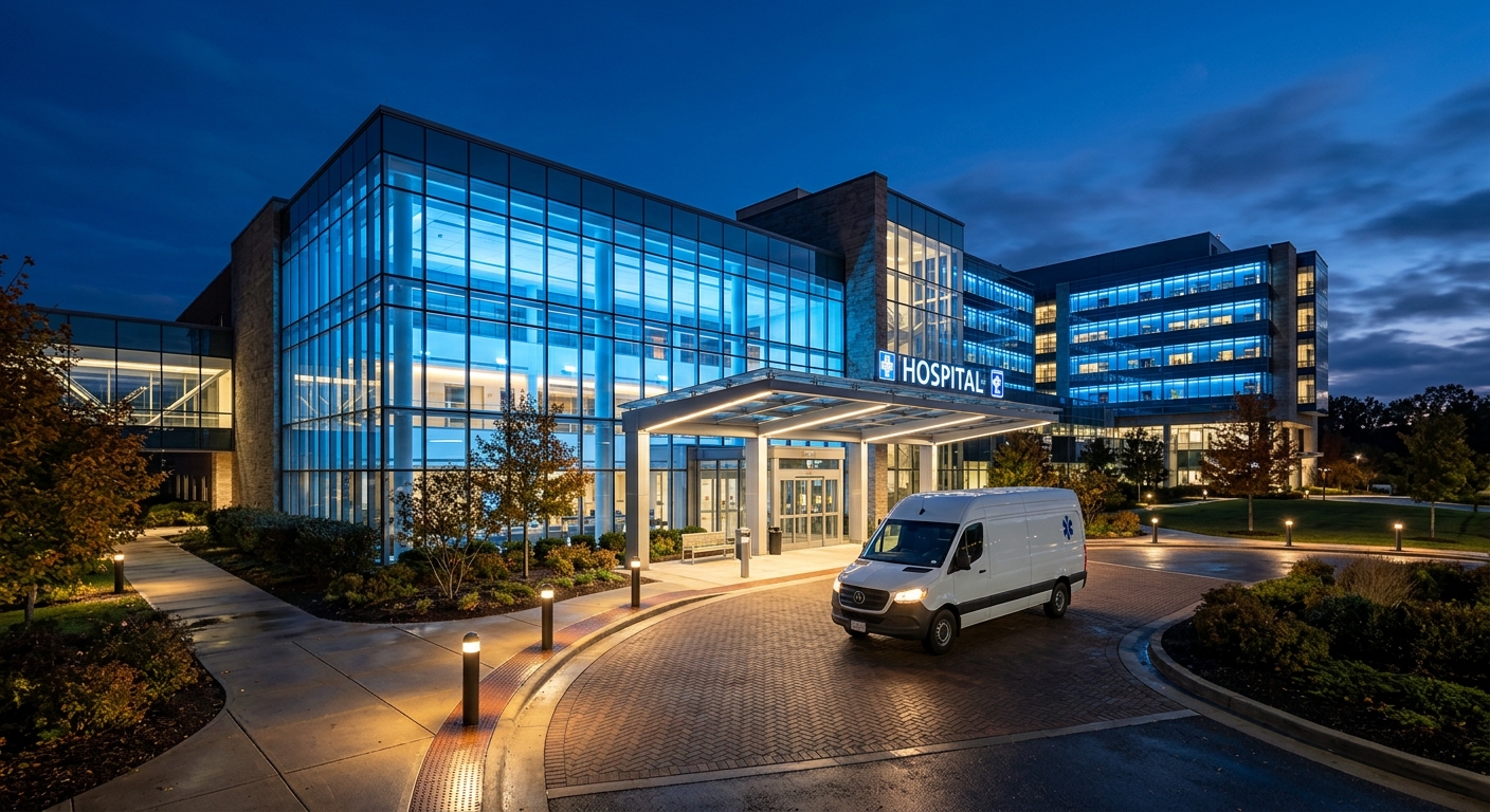Hospital campus at dusk with an HLM Courier Sprinter van parked at the entrance