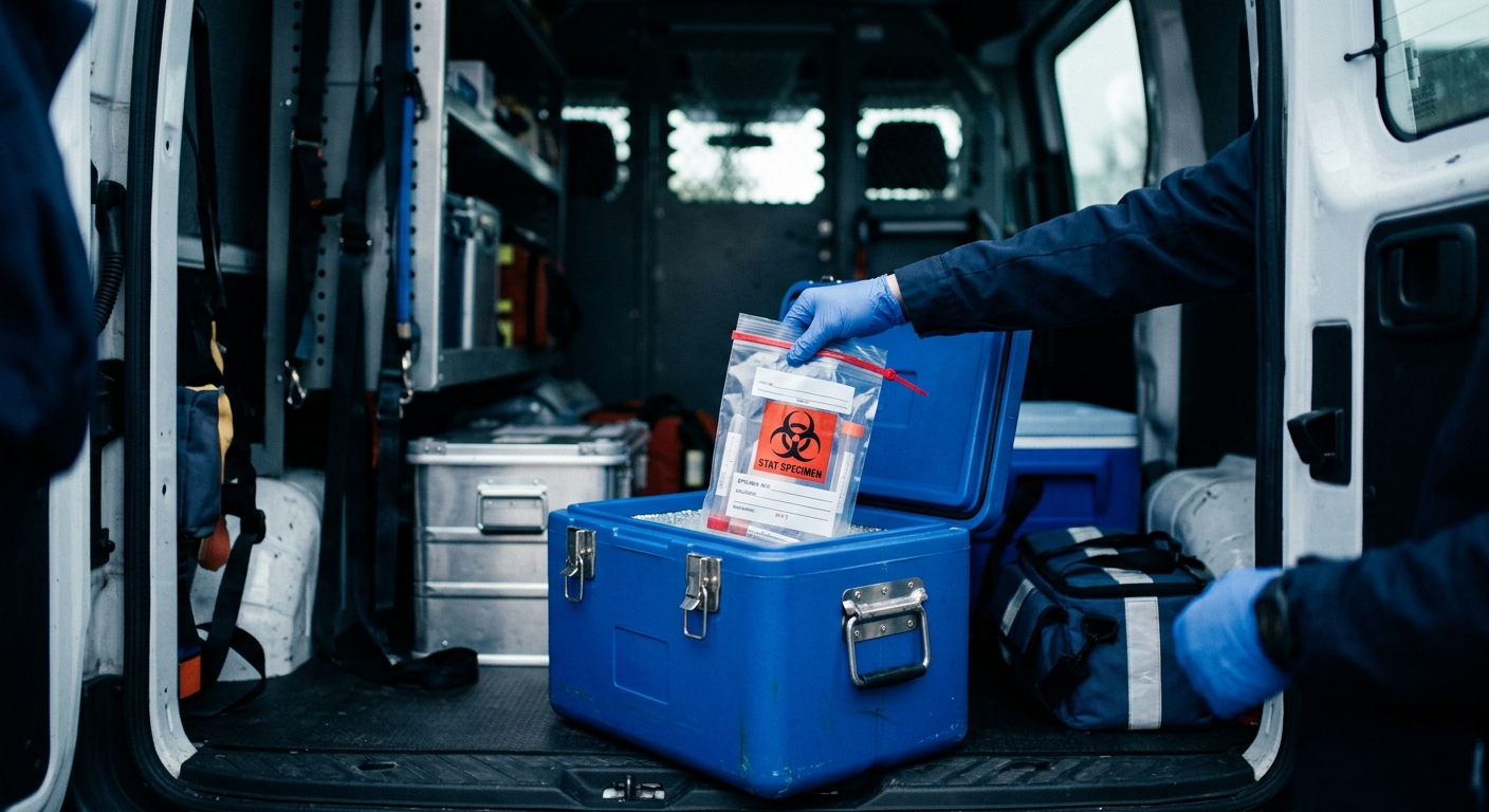 Stat specimen secured in a blue medical cooler inside an HLM Sprinter van