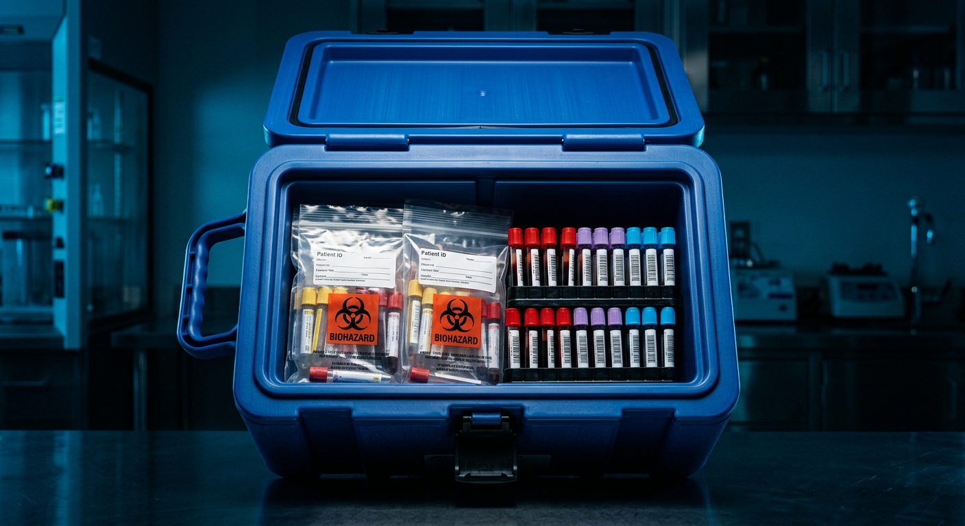 Stat specimen cooler with biohazard bags and blood vials, navy graded